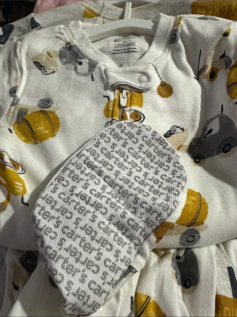 2 piece set Carter's Gray Footed Pajamas with Yellow & Black Construction Print